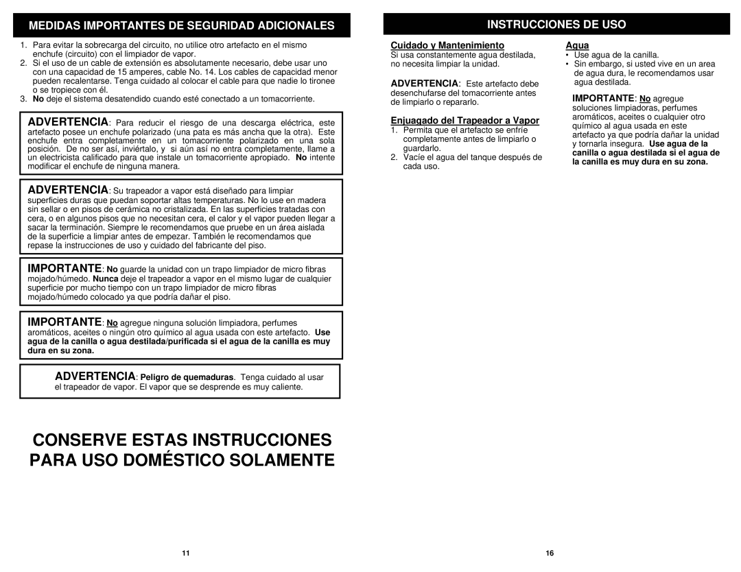 Shark S3101C, S3101W, S3101A Conserve Estas Instrucciones Para USO Doméstico Solamente, Cuidado y Mantenimiento, Agua 