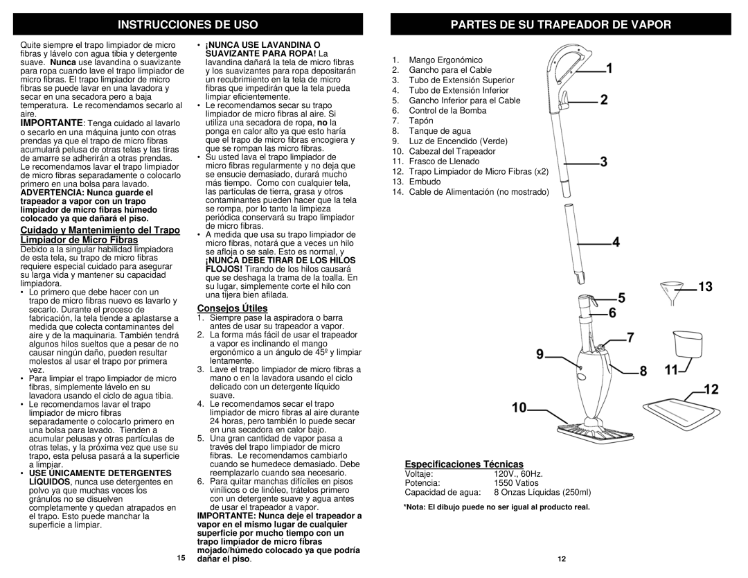 Shark S3101C, S3101W, S3101A owner manual Partes DE SU Trapeador DE Vapor, Consejos Útiles, Especificaciones Técnicas 