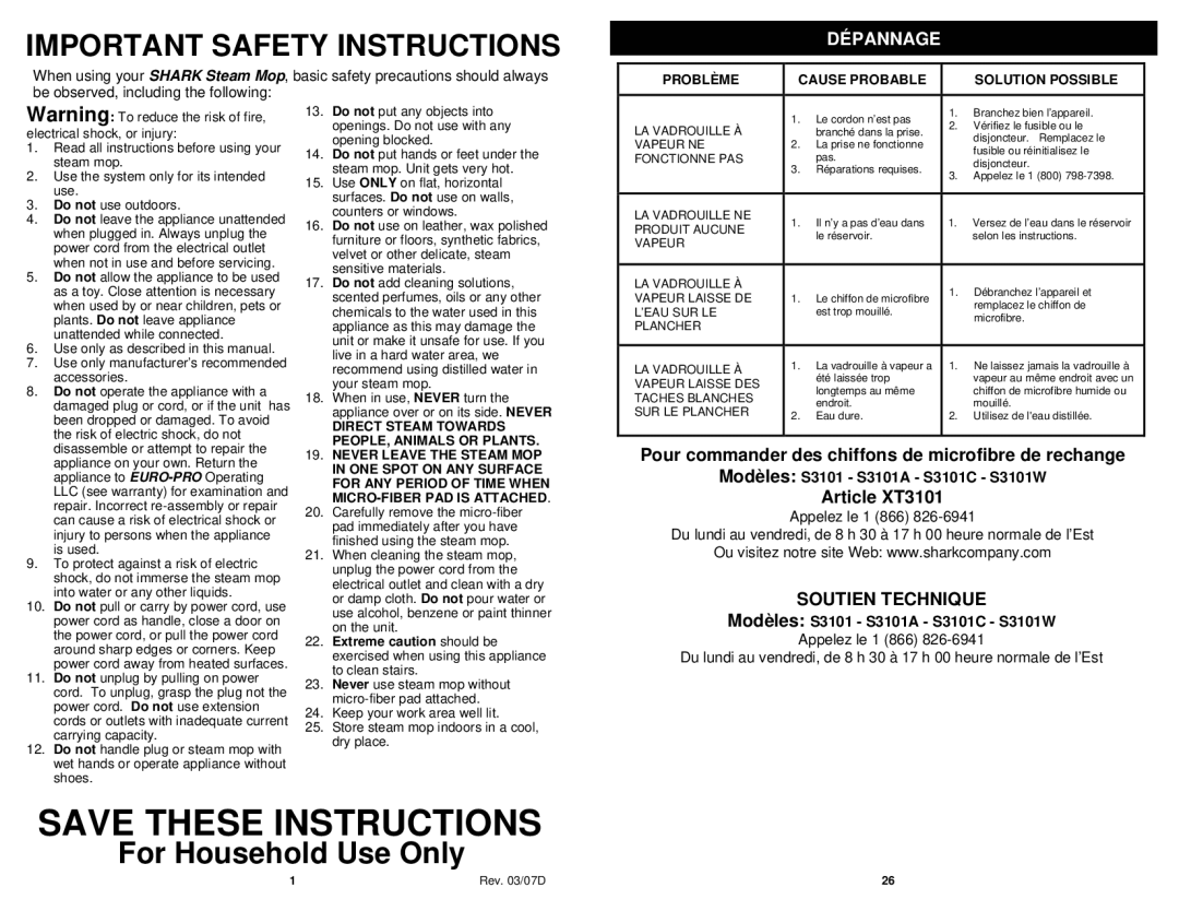 Shark S3101W, S3101C, S3101A owner manual Important Safety Instructions, Dépannage, Soutien Technique 