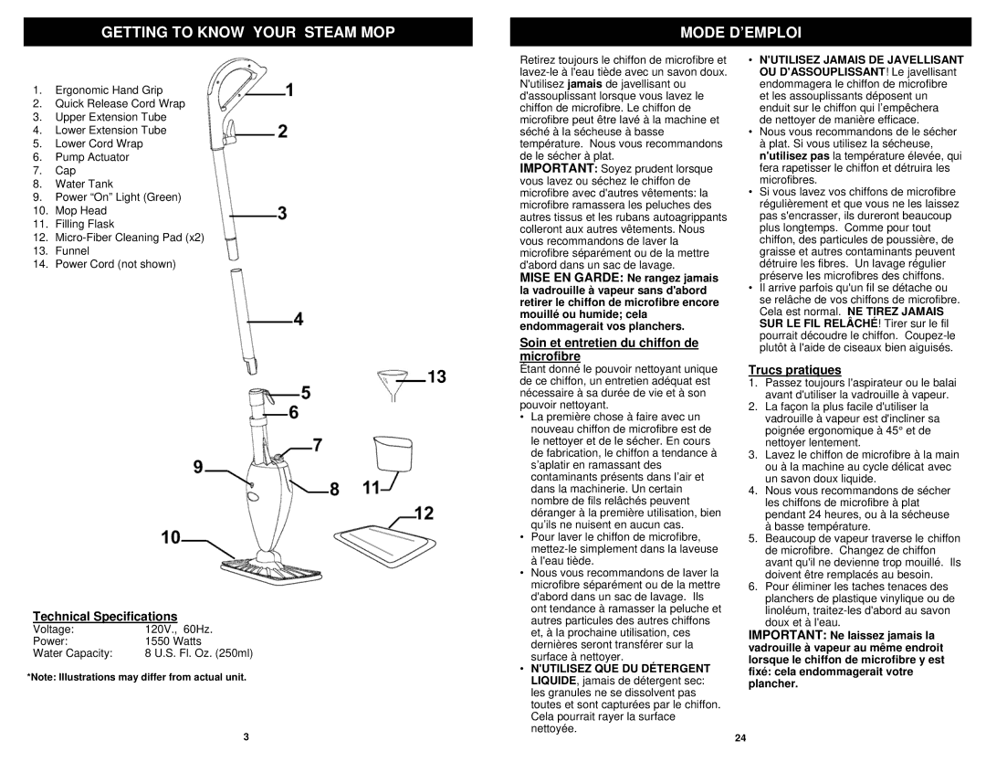 Shark S3101C, S3101W, S3101A Getting to Know Your Steam MOP Mode D’EMPLOI, Technical Specifications, Trucs pratiques 