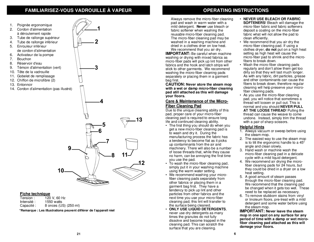 Shark S3101A, S3101C, S3101W owner manual Fiche technique, Care & Maintenance of the Micro- Fiber Cleaning Pad, Helpful Hints 