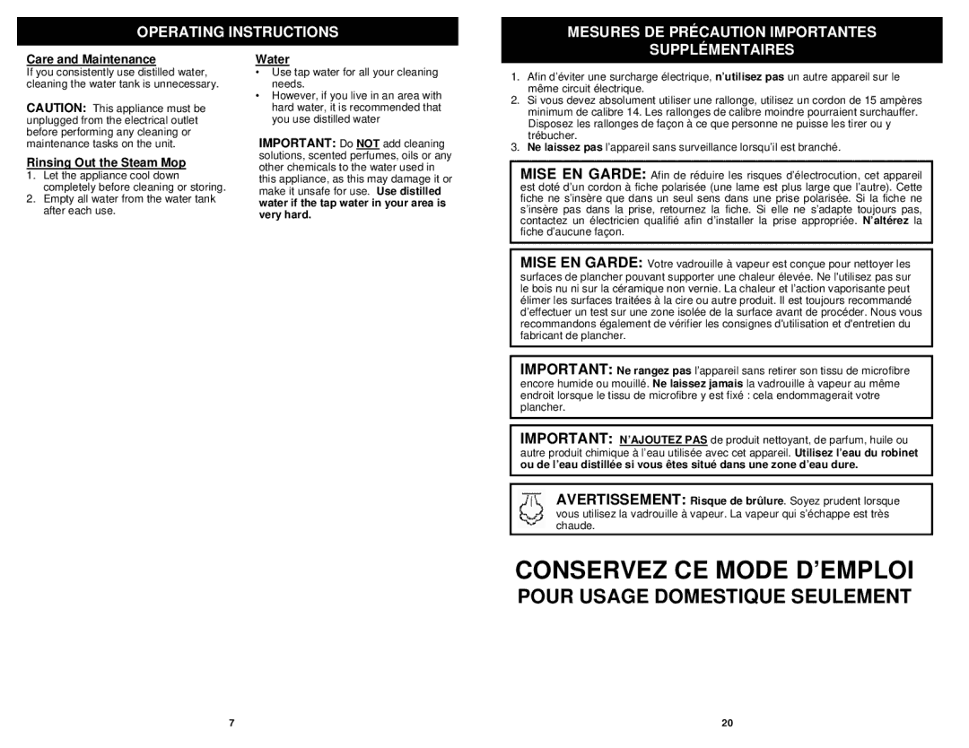 Shark S3101C Conservez CE Mode D’EMPLOI, Operating Instructions Mesures DE Précaution Importantes, Supplémentaires 