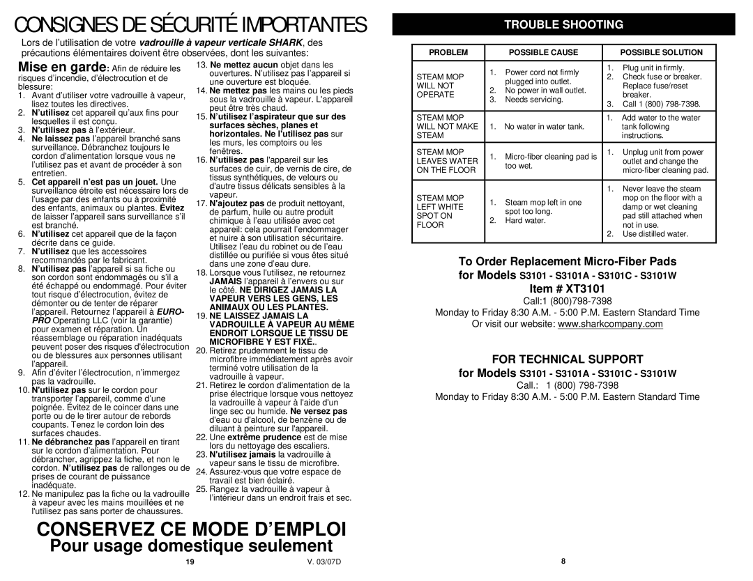 Shark Trouble Shooting, For Technical Support, For Models S3101 S3101A S3101C S3101W, ’utilisez pas à l’extérieur 