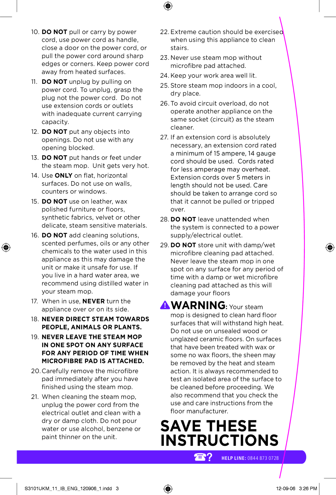 Shark S3101UKM manual Save These Instructions 