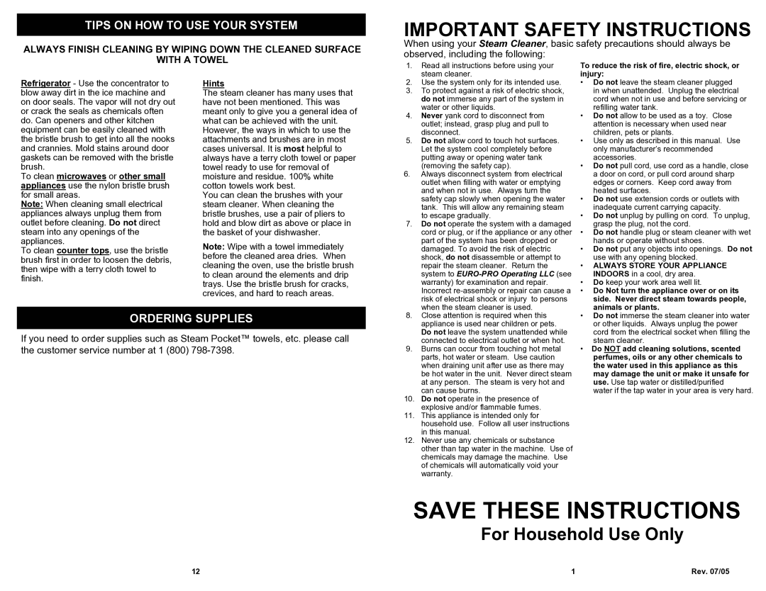 Shark S3200 owner manual Tips on HOW to USE Your System, Ordering Supplies, Hints 