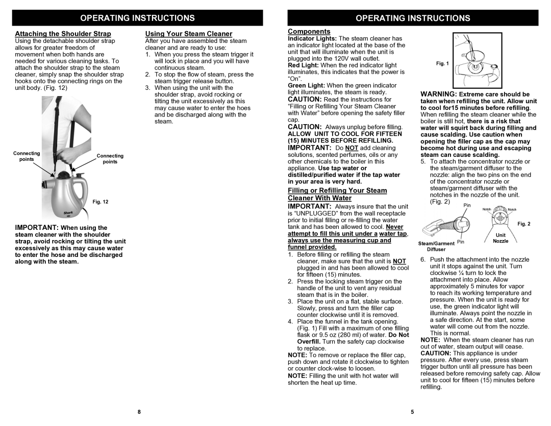 Shark S3200 owner manual Operating Instructions, Attaching the Shoulder Strap, Using Your Steam Cleaner, Components 