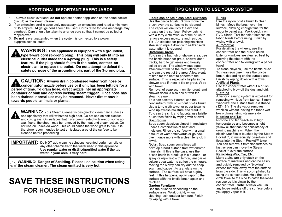 Shark S3200 owner manual For Household Use Only, Additional Important Safeguards, Save These Instructions 