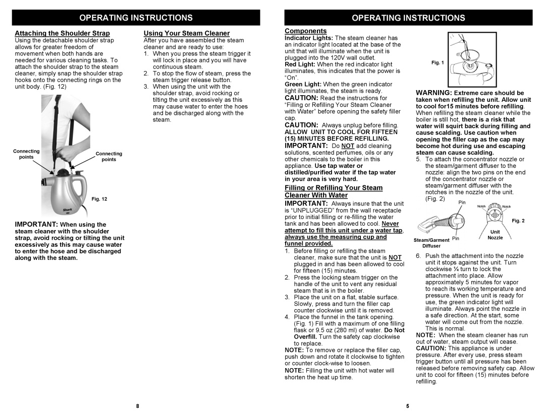 Shark S3200 owner manual Operating Instructions, Attaching the Shoulder Strap, Using Your Steam Cleaner, Components 