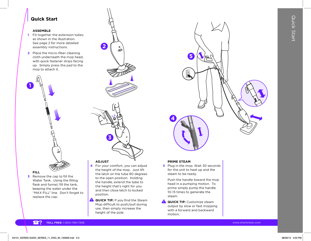 Shark S3101, S3202 manual Quick Start, Assemble, Fill, Adjust, Prime Steam 