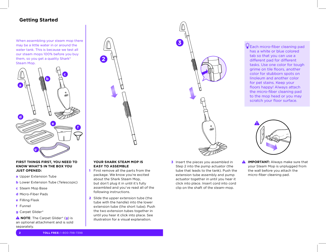 Shark S3101, S3202 manual Getting Started, Your Shark Steam MOP is Easy to Assemble 