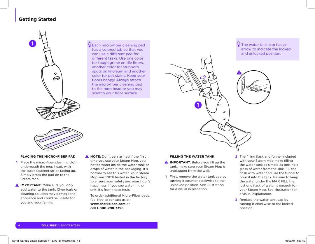 Shark S3202, S3101 manual Placing the MICRO-FIBER PAD, Filling the Water Tank 