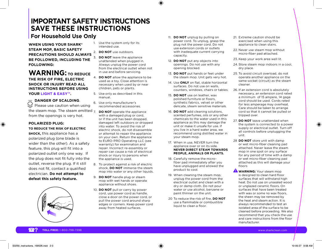 Shark S3250 11 manual Important Safety Instructions Save These Instructions 