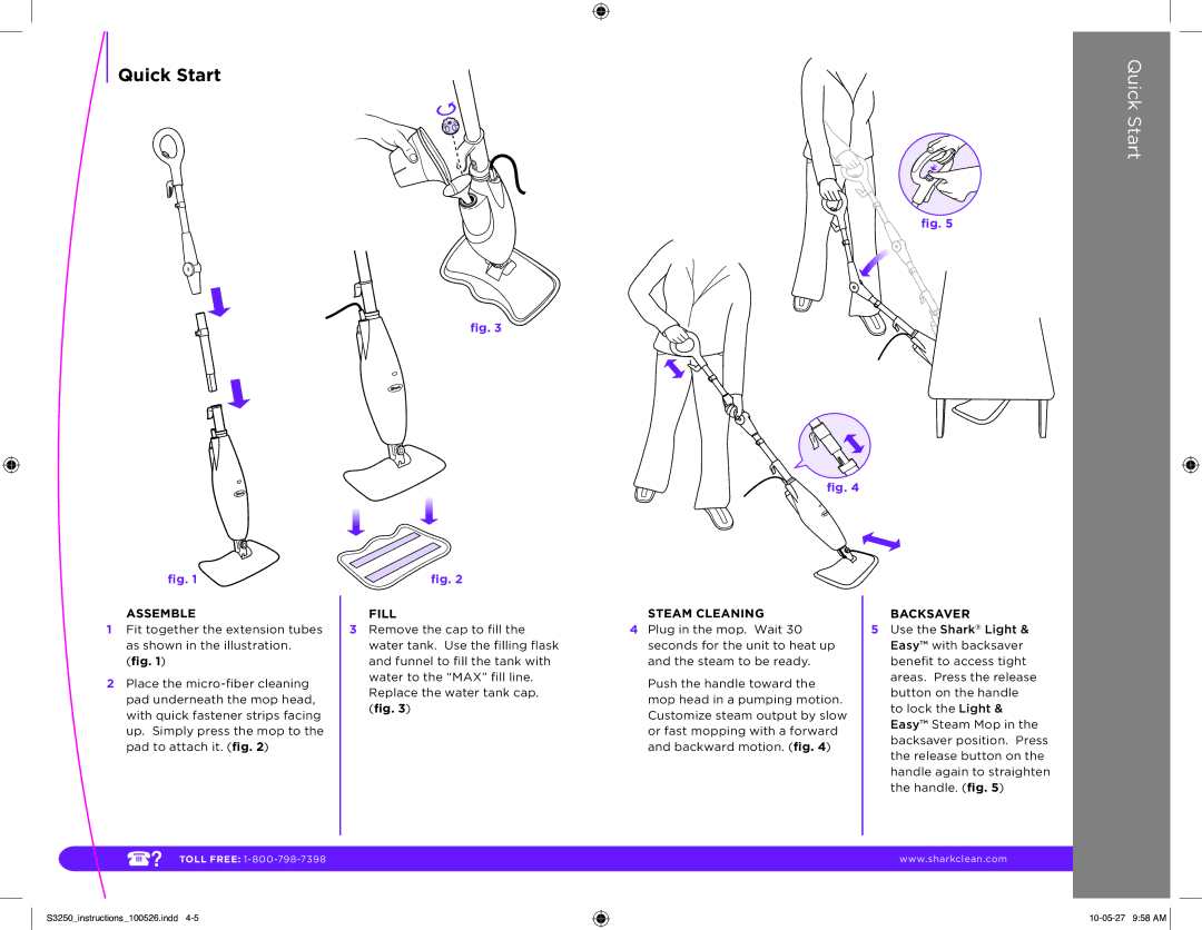 Shark S3250 11 manual Quick Start, Assemble, Fill, Steam Cleaning, Backsaver 