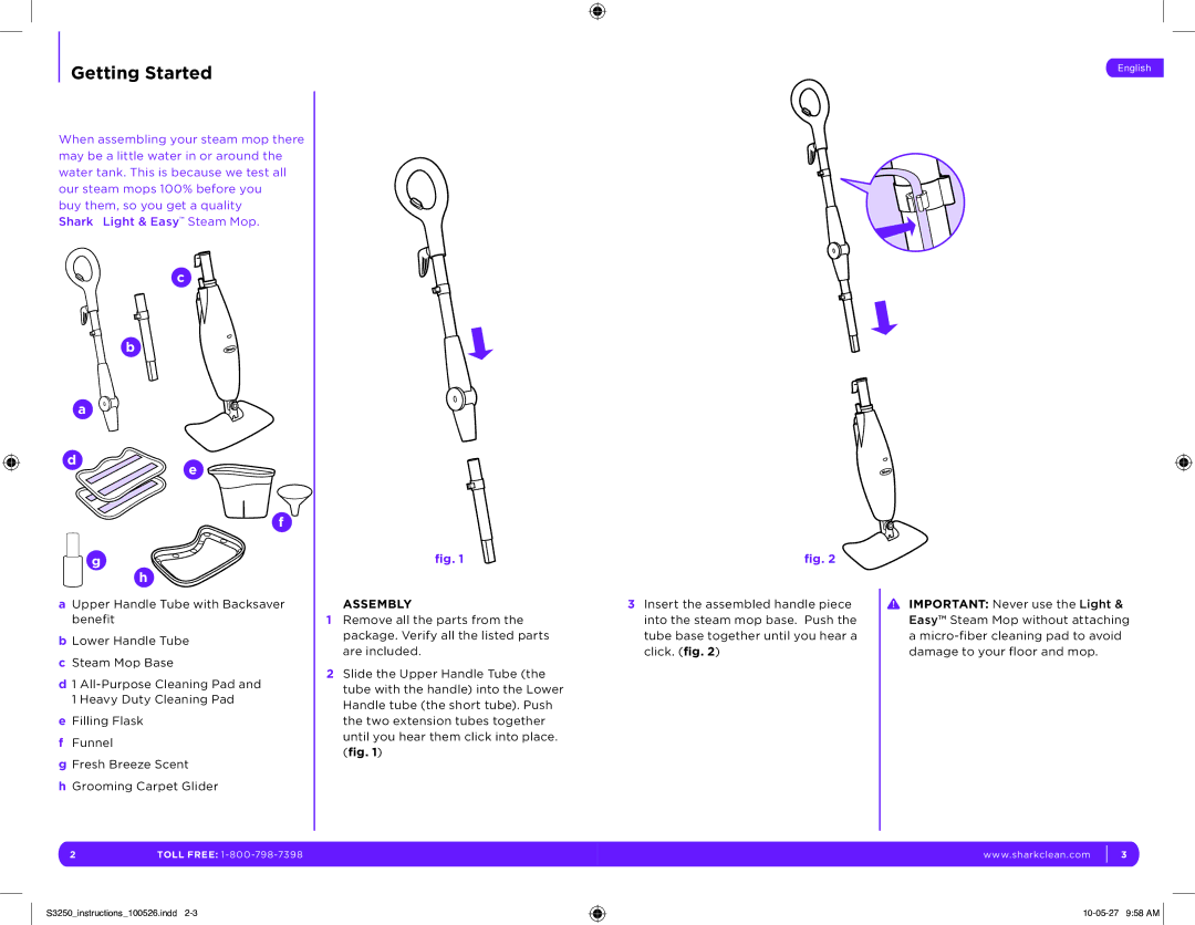 Shark S3250 11 manual Getting Started, Assembly 