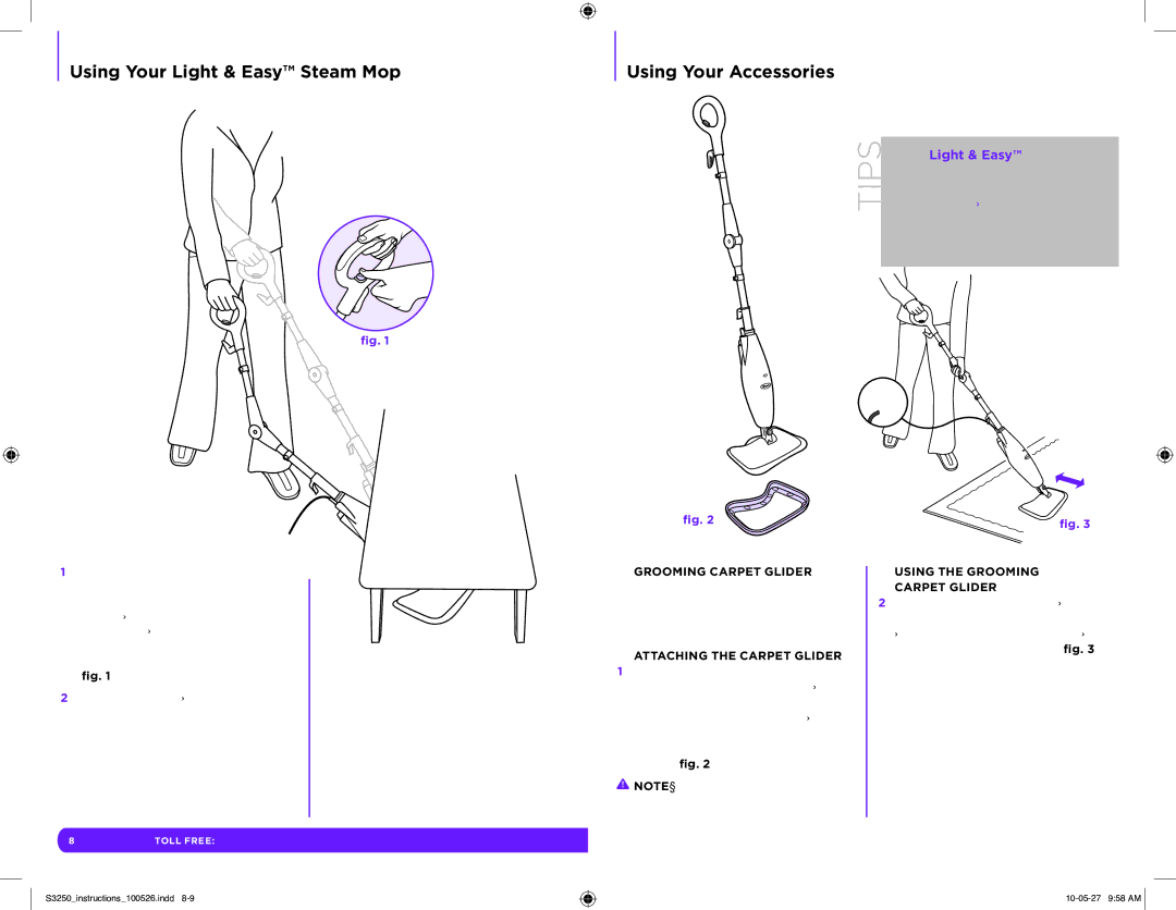 Shark S3250 11 manual Attaching the Carpet Glider, Using the Grooming Carpet Glider 