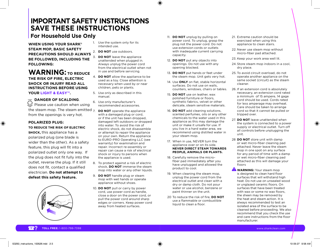 Shark S3250 11 manual Warning To Reduce, For Household Use Only, Important Safety Instructions Save These Instructions 