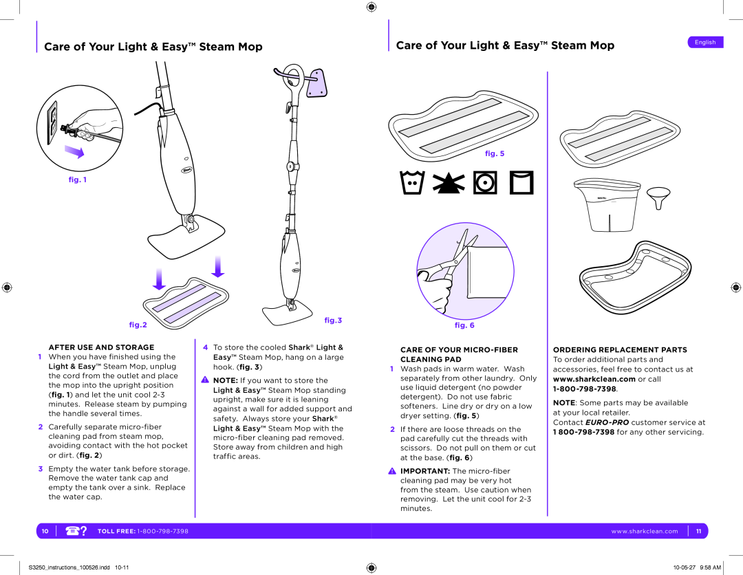 Shark S3250 11 manual Care of Your Light & Easy Steam Mop, After Use And Storage, Care Of Your Micro-Fiber, Cleaning Pad 
