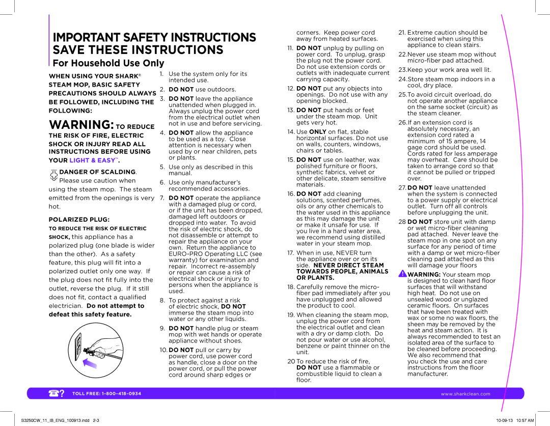 Shark S3250CW manual Important Safety Instructions Save These Instructions 