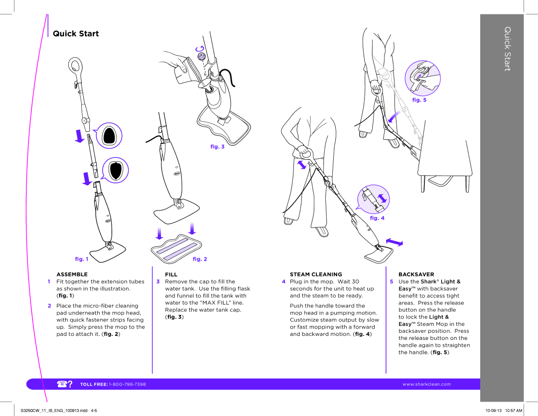 Shark S3250CW manual Quick Start, Assemble, Fill, Steam Cleaning, Backsaver 