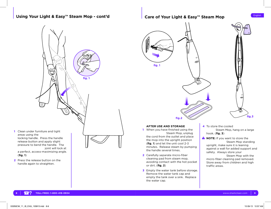 Shark S3250CW manual Using Your Light & Easy Steam Mop cont’d, After USE and Storage 