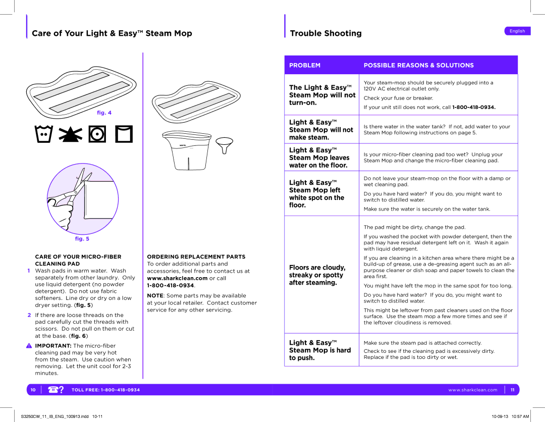 Shark S3250CW manual Care of Your Light & Easy Steam Mop Trouble Shooting, Care of Your MICRO-FIBER Cleaning PAD 