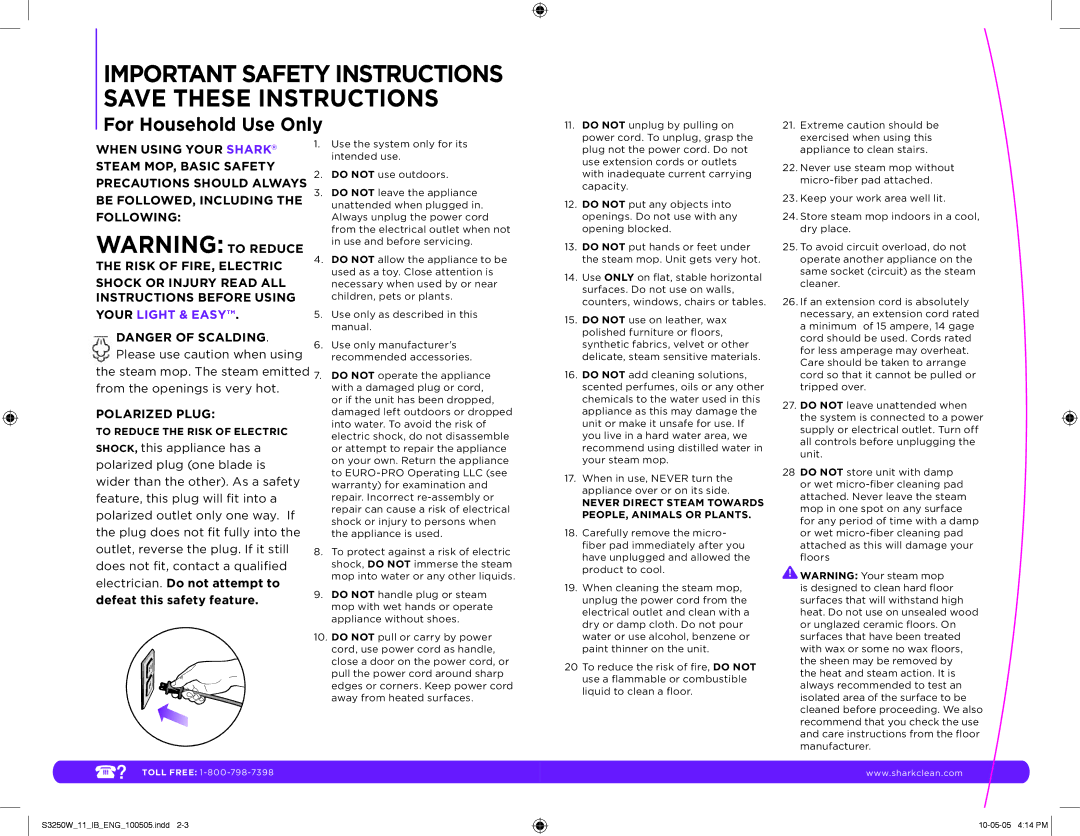 Shark S3250W 11 manual Important Safety Instructions Save These Instructions 