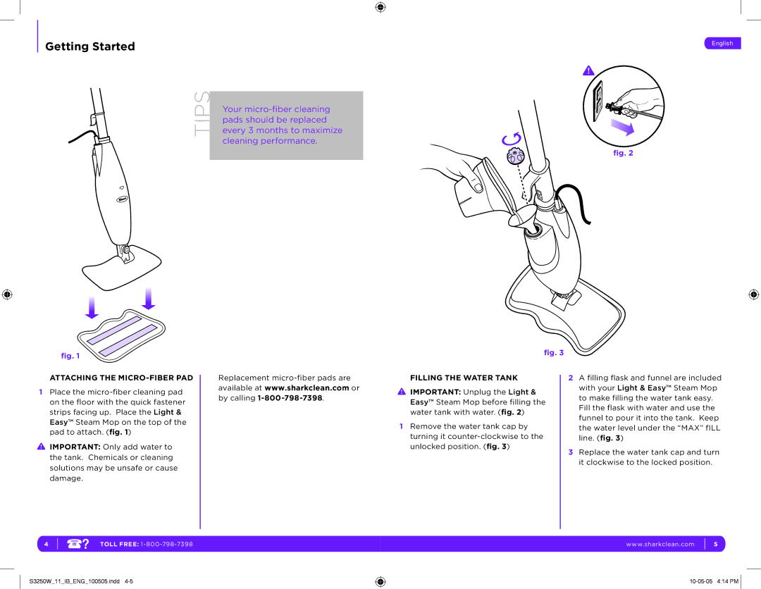 Shark S3250W 11 manual Attaching the MICRO-FIBER PAD, Filling the Water Tank 