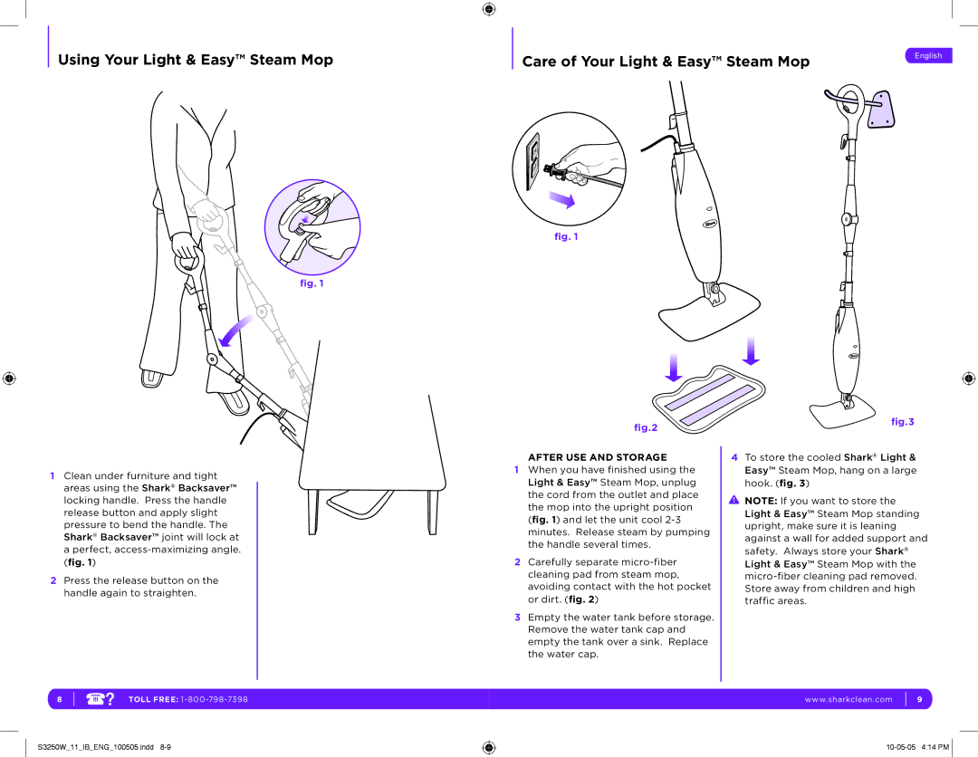 Shark S3250W 11 manual Care of Your Light & Easy Steam Mop, After USE and Storage 