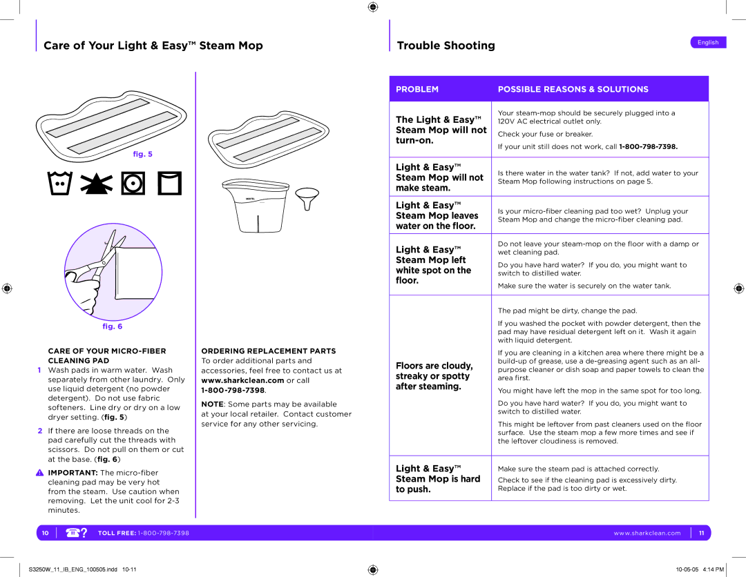 Shark S3250W 11 manual Care of Your Light & Easy Steam Mop Trouble Shooting, Care of Your MICRO-FIBER Cleaning PAD 