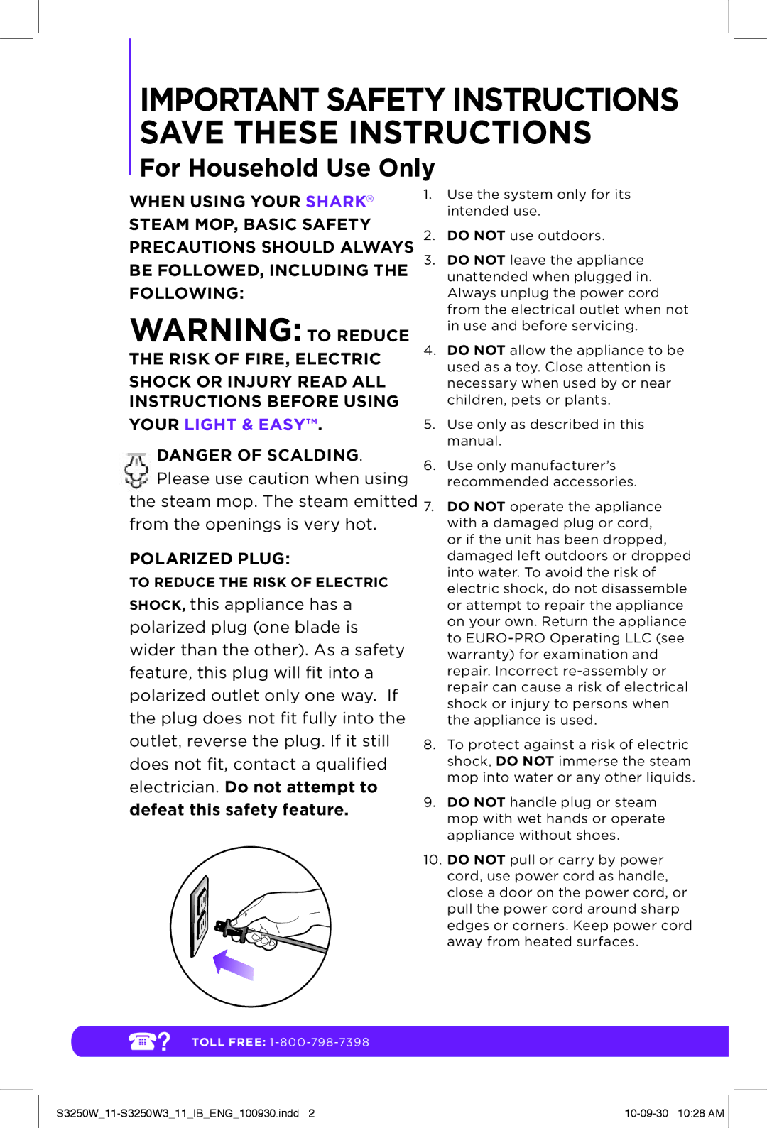 Shark S3250W manual Important Safety Instructions Save These Instructions 