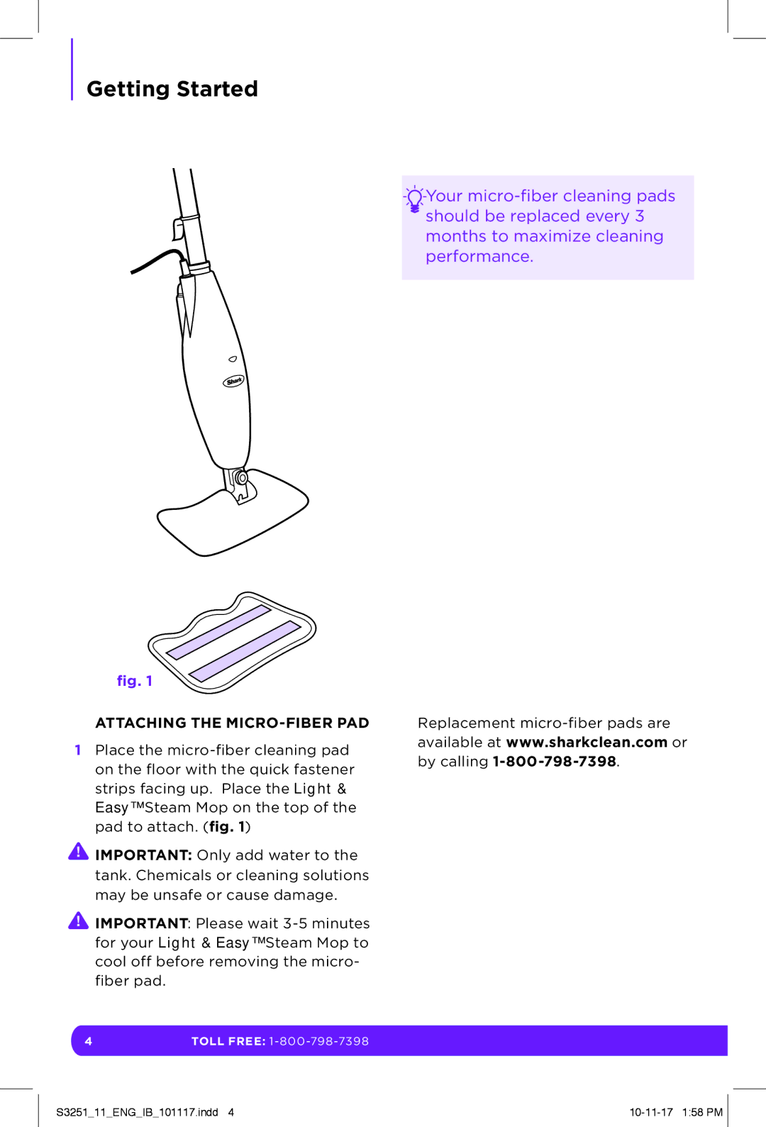 Shark S3251 manual Attaching the MICRO-FIBER PAD 