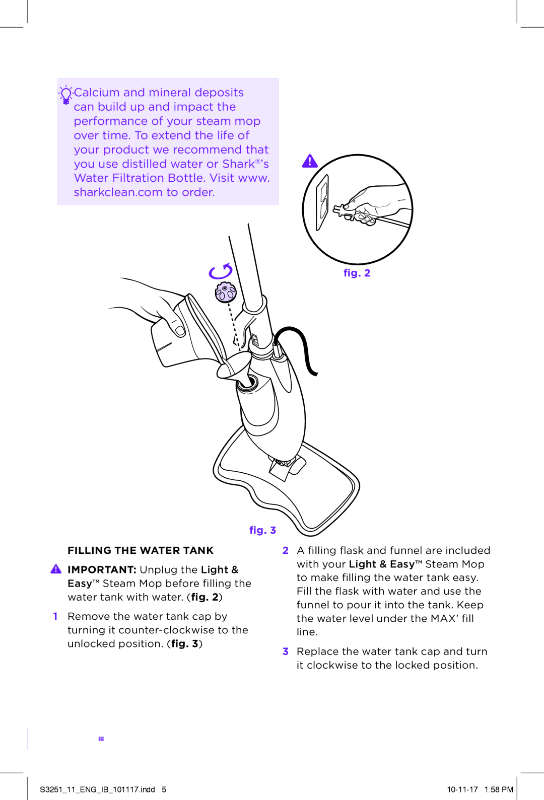 Shark S3251 manual Filling the Water Tank 