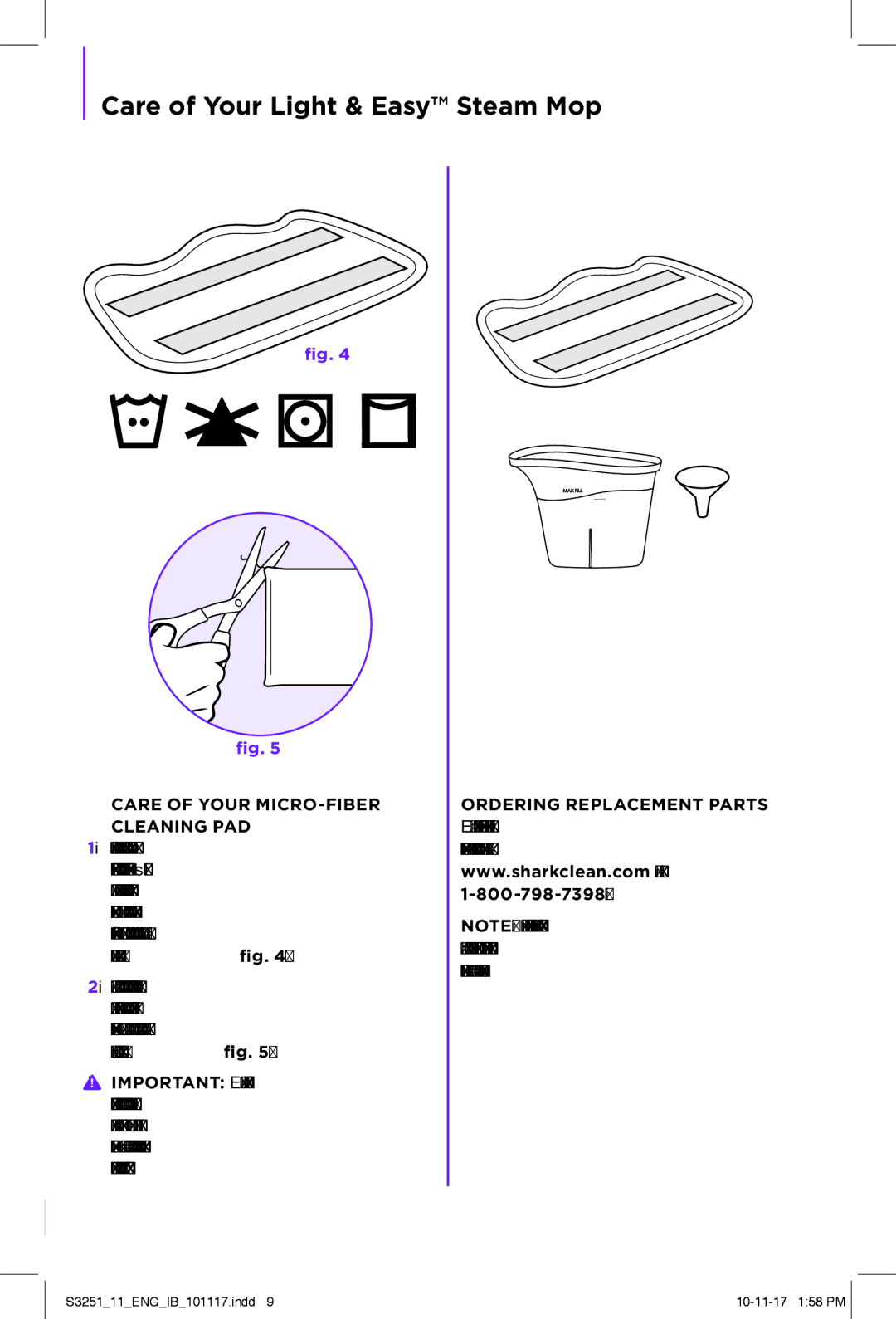 Shark S3251 manual Care of Your Light & Easy Steam Mop 