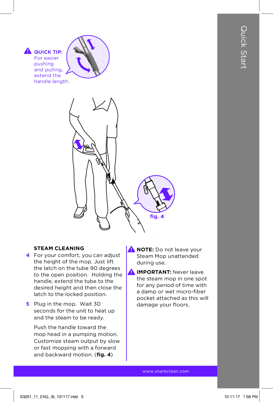 Shark S3251 manual Quick Start, Steam Cleaning 