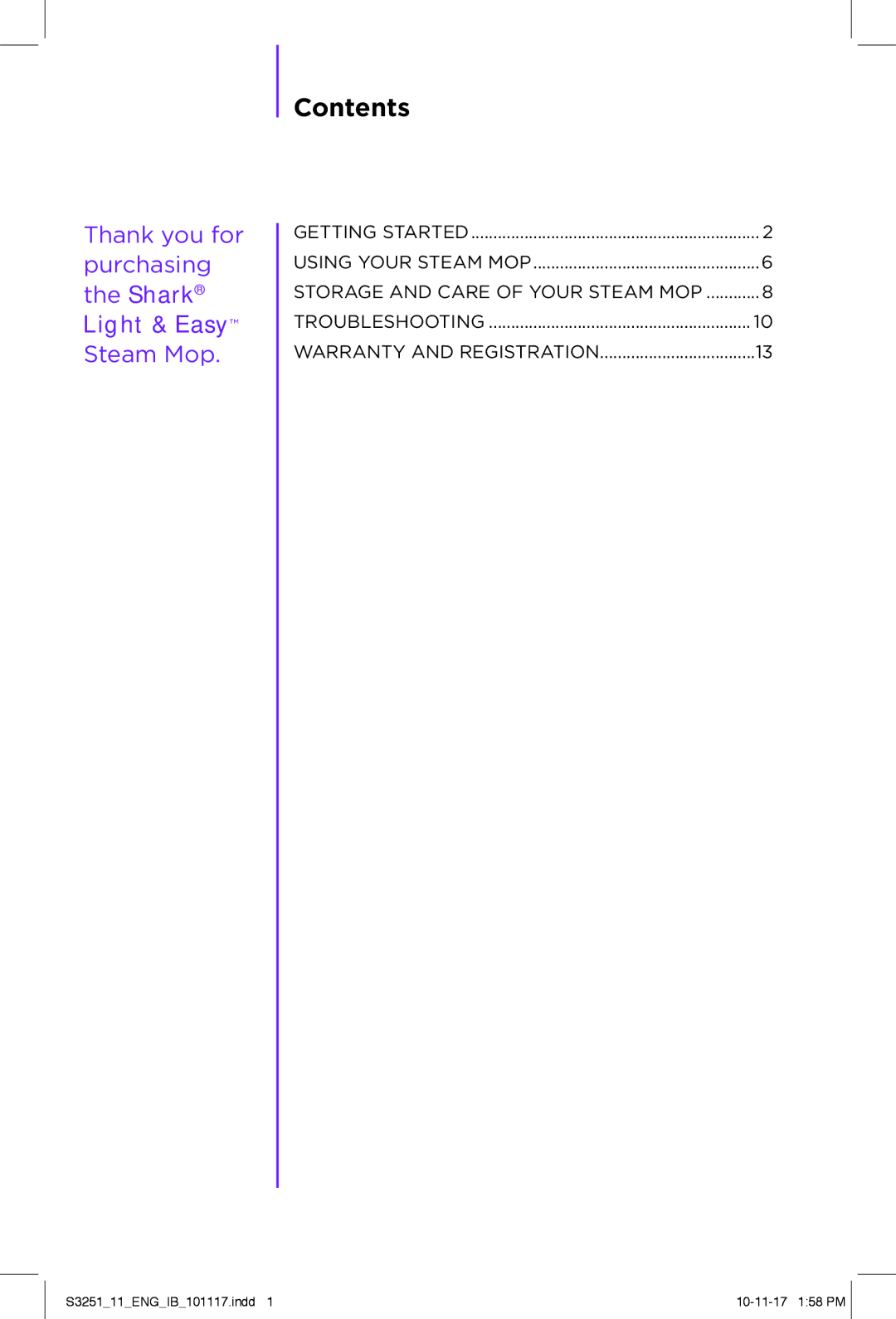 Shark S3251 manual Contents 