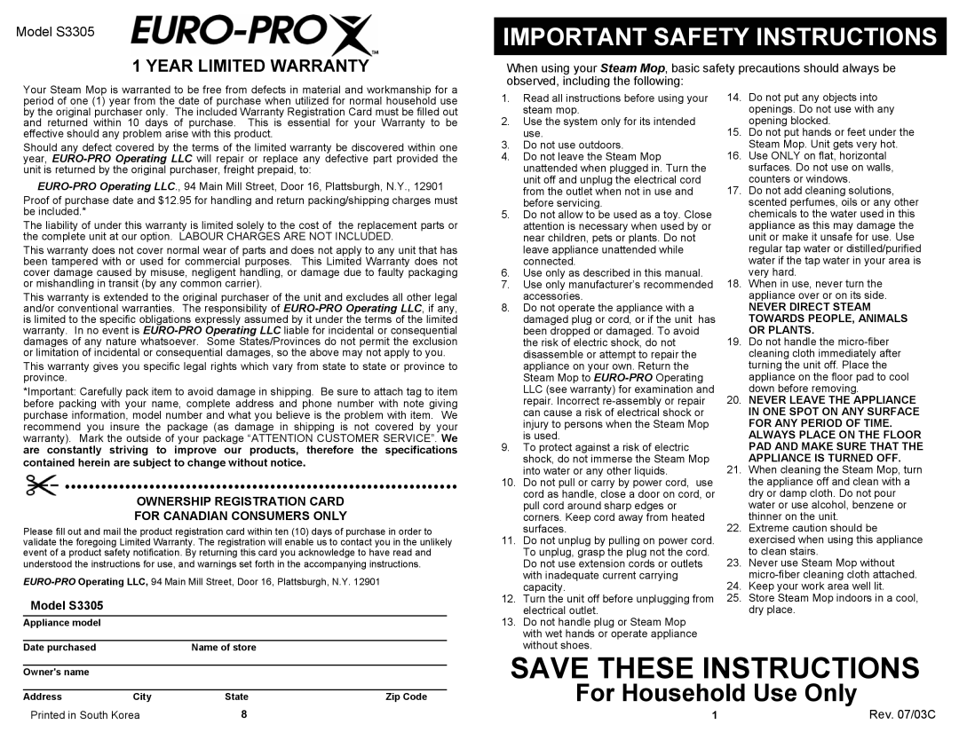 Shark S3305 owner manual Important Safety Instructions 