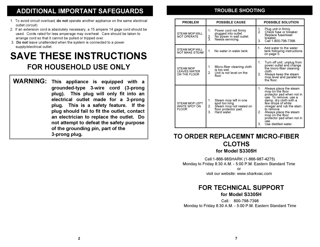 Shark owner manual Trouble Shooting, For Model S3305H 