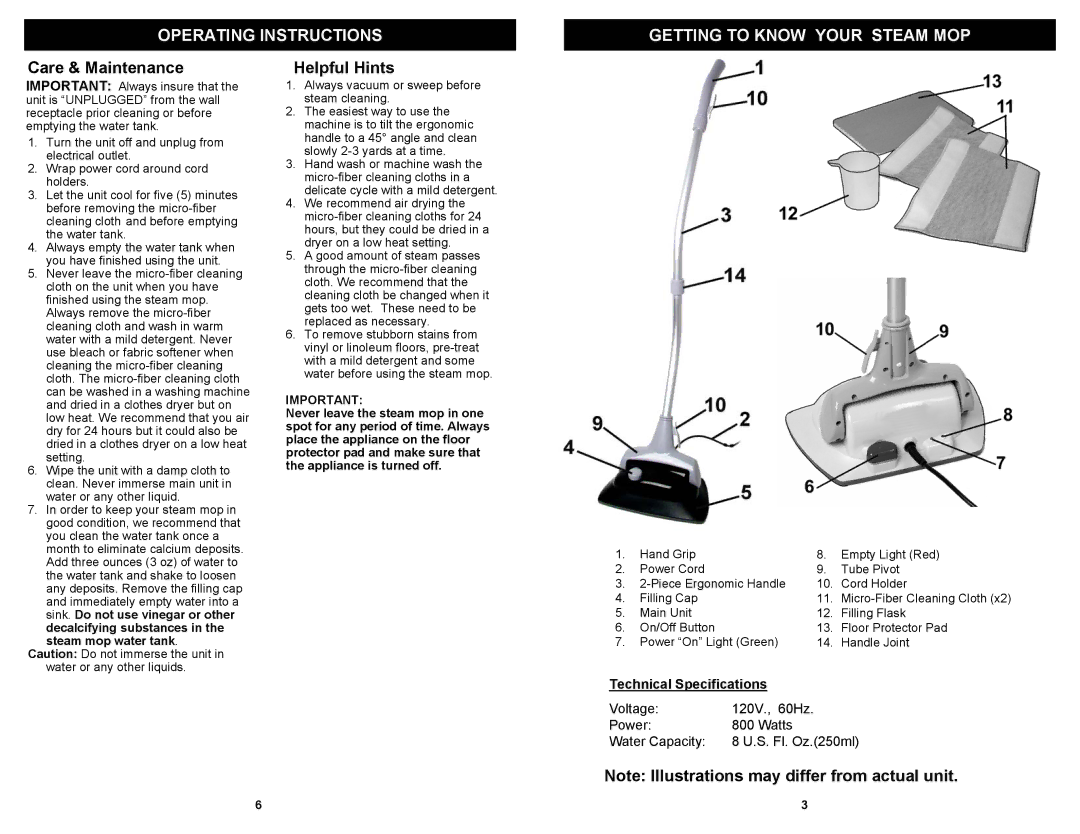 Shark S3305 owner manual Operating Instructions Getting to Know Your Steam MOP, Care & Maintenance, Helpful Hints 