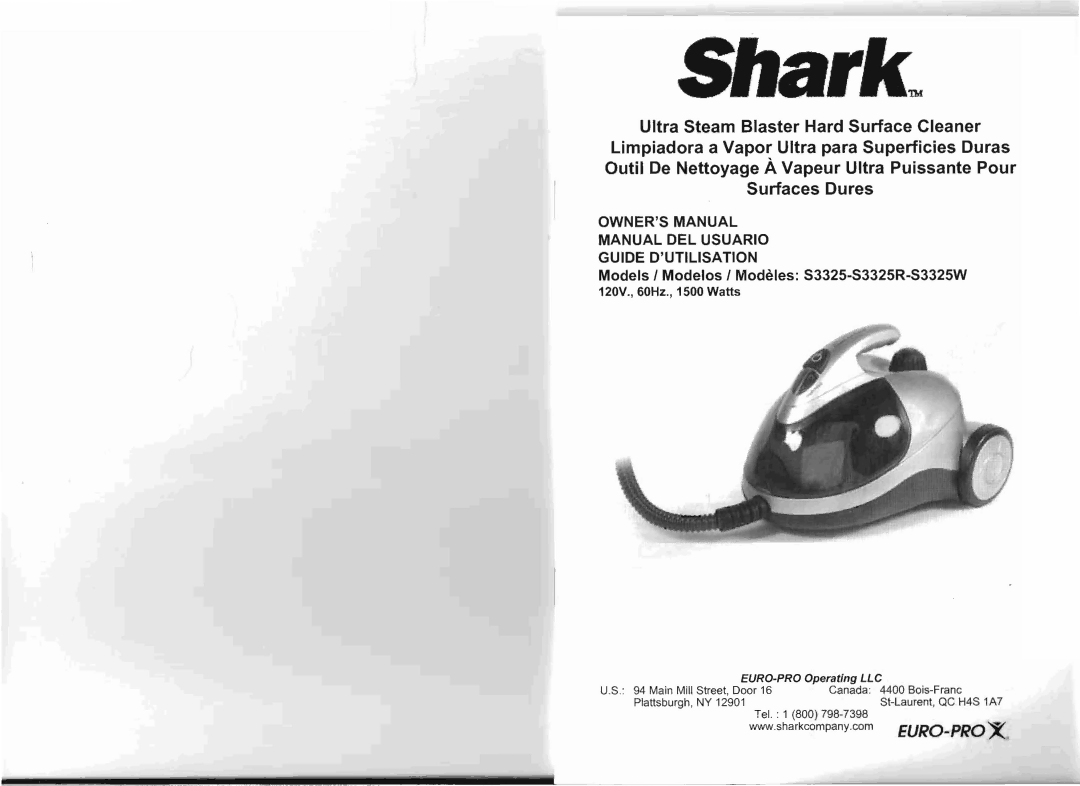 Shark S3325W, S3325R owner manual SharkTM, 120V., 60Hz., 1500 Watts 