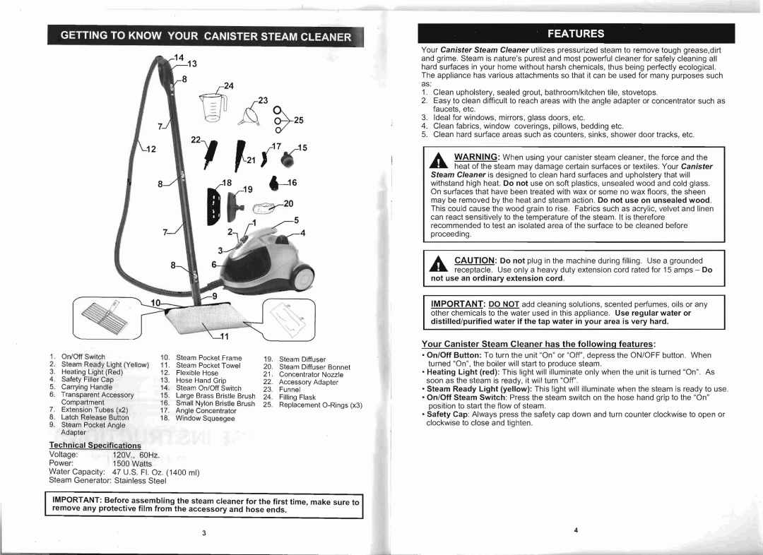 Shark S3325W, S3325R owner manual Getting to Know Your Canister Steam Cleaner, Features 