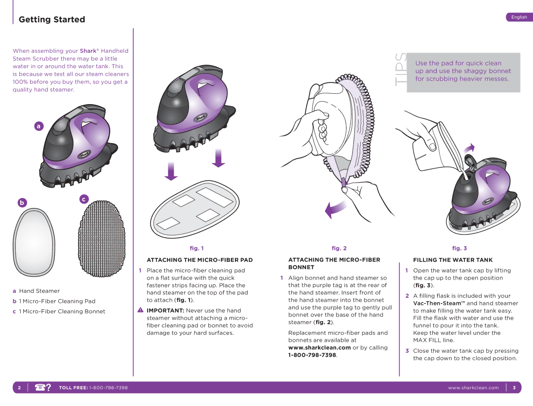 Shark S3401 manual Getting Started, Attaching the MICRO-FIBER PAD, Attaching the MICRO-FIBER Bonnet, Filling the Water Tank 