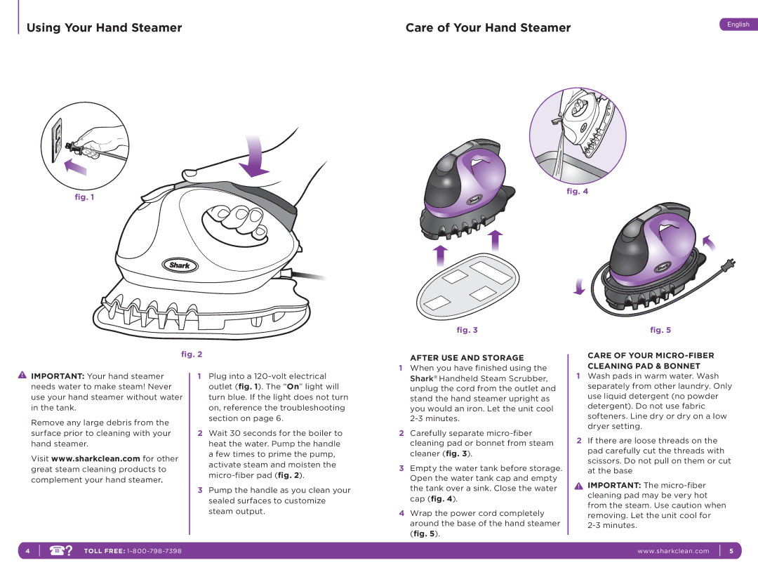 Shark S3401 manual Using Your Hand Steamer, After USE and Storage, Care of Your MICRO-FIBER Cleaning PAD & Bonnet 