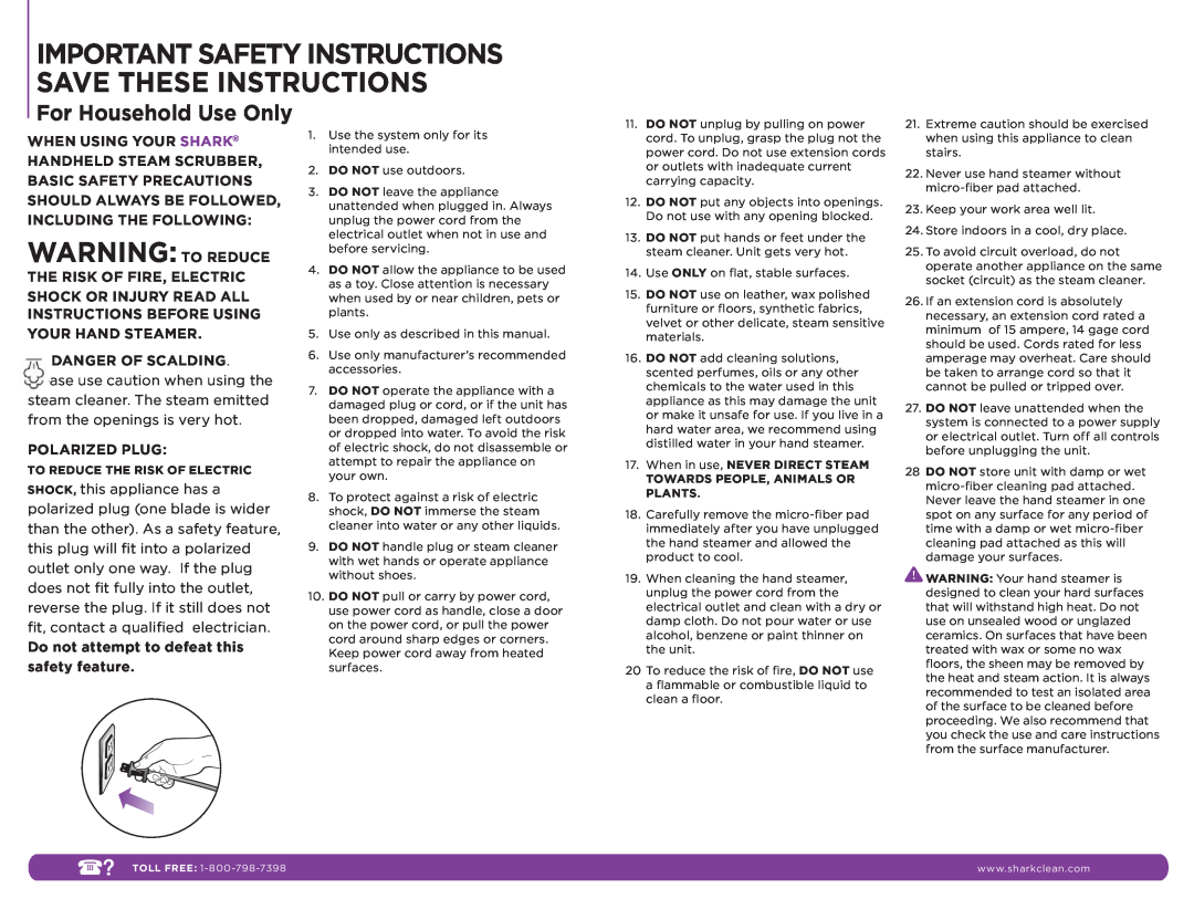Shark S3401 manual Warning To Reduce, For Household Use Only, Important Safety Instructions Save These Instructions 
