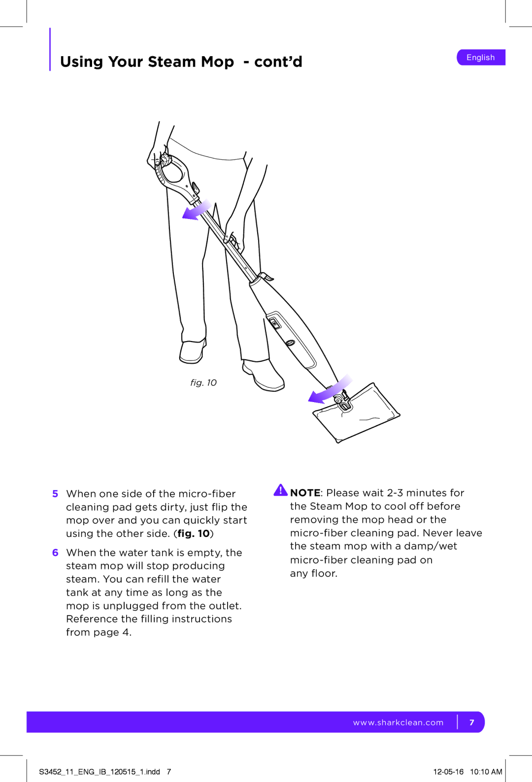 Shark S3452 manual Using Your Steam Mop cont’d 