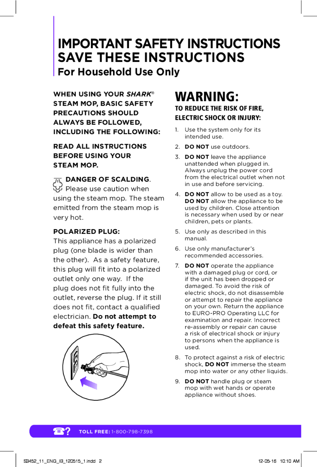 Shark S3452 Important Safety Instructions Save These Instructions, To Reduce the Risk of FIRE, Electric Shock or Injury 