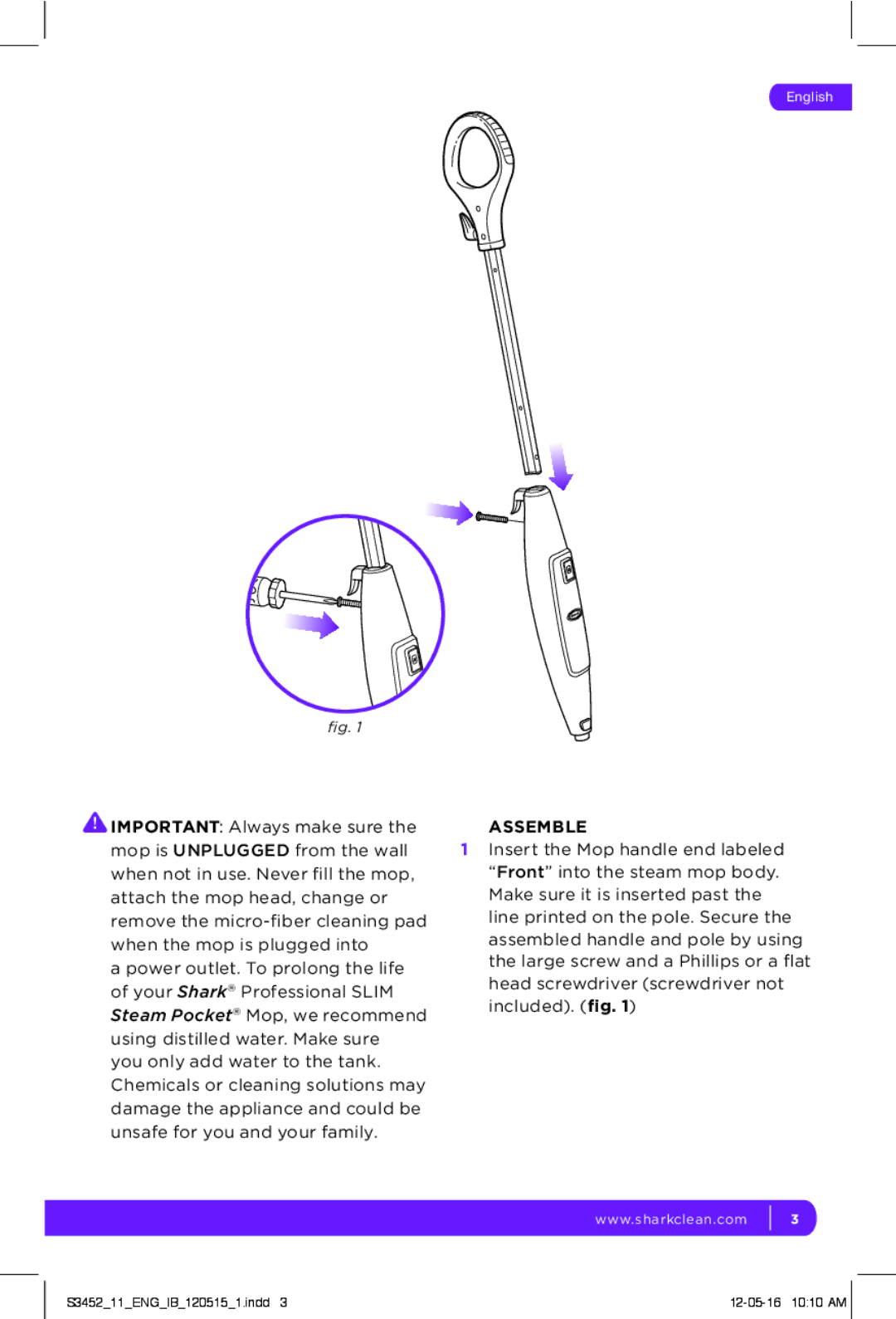 Shark S3452 manual Assemble 