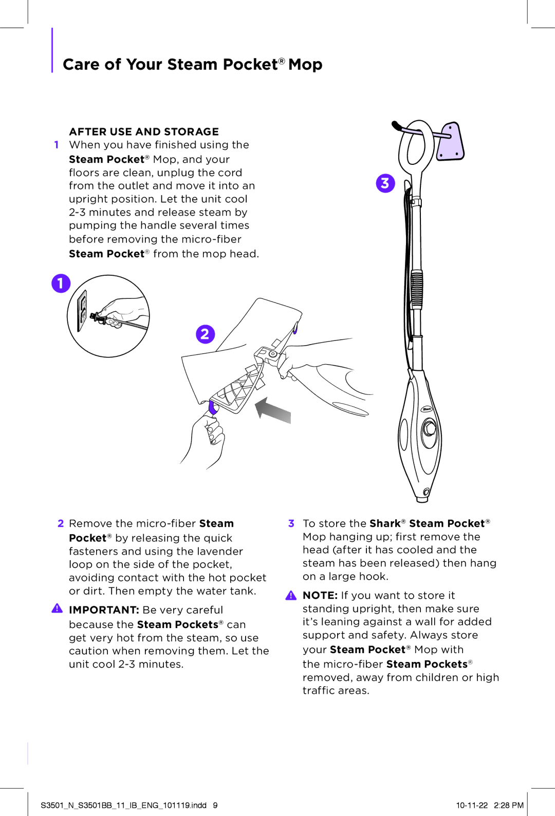 Shark S3501BB, S3501 N manual Care of Your Steam Pocket Mop, After USE and Storage 