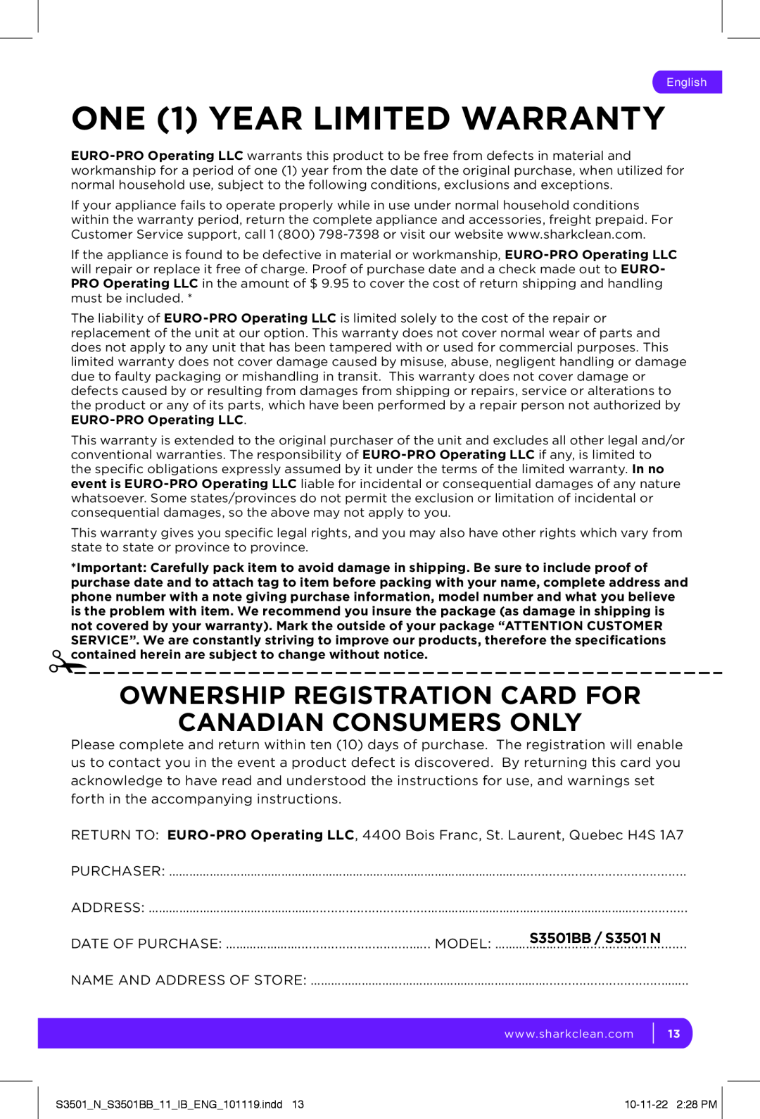 Shark manual Ownership Registration Card For Canadian Consumers Only, ONE 1 YEAR LIMITED WARRANTY, S3501BB / S3501 N 