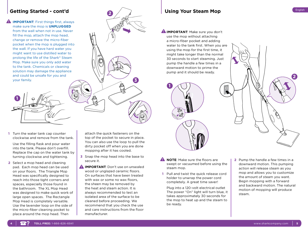 Shark S3501C manual Getting Started cont’d, Using Your Steam Mop 