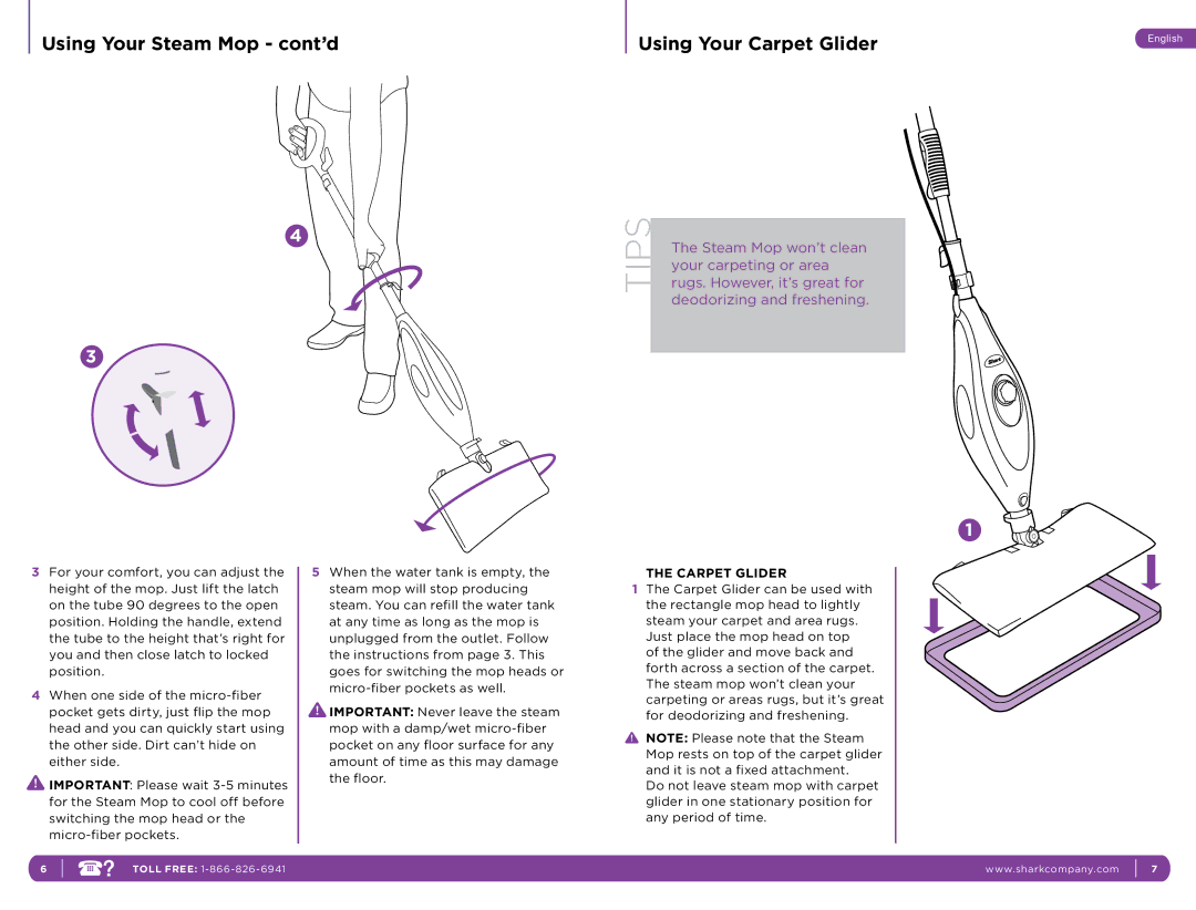 Shark S3501C manual Using Your Steam Mop cont’d Using Your Carpet Glider 